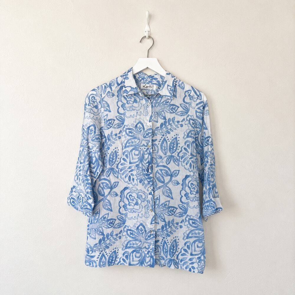iLinen Blue White Floral Linen Button Down Shirt Small Coastal Lagenlook